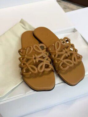 Loewe Brown Cutout Logo Slide Sandals